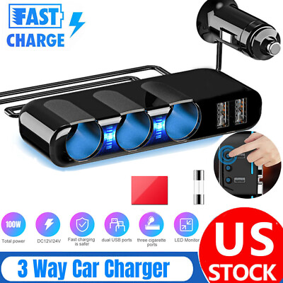 #ad 2X3 Way Car Cigarette Lighter Socket Dual USB Charger Power Adapter Splitter 12V $19.98