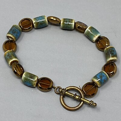 #ad Czech Glass Bracelet Brown Transparent Copper Edge Dipped Blue Picasso Beads 7quot; $13.59