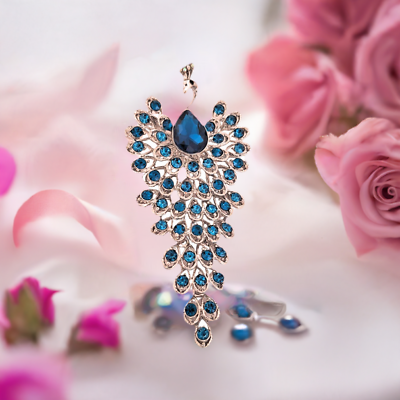 #ad Elegant Blue Peacock Rhinestone Brooch Pin Box Included $16.00
