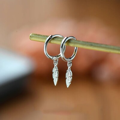 #ad Dainty Feather Earrings 925 Sterling Silver Women Small Hoop Minimalist Earrings $11.80