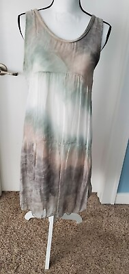 #ad Made in Italy 100%silk lined tiered tie dye grey green beige summer dress M $39.00