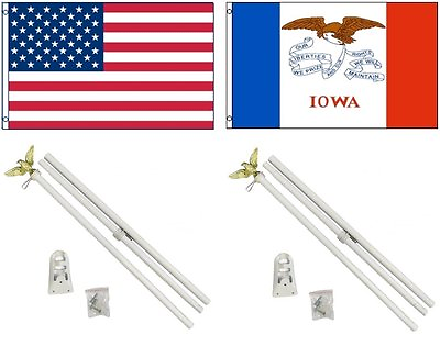 #ad 3x5 USA American amp; State of Iowa Flag amp; 2 White Pole Kit Sets 3#x27;x5#x27; $36.94