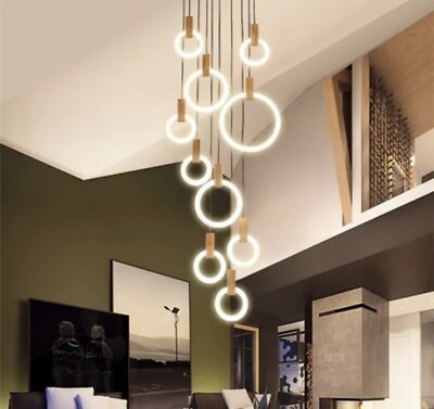 #ad Modern Wood LED Stair Chandelier Lighting Living Room Pendant lamps 5 Rings $140.00