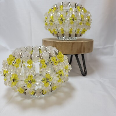#ad Vintage Pair Mid Century Bead Safety Pin Candle Votive Holders Yellow Clear READ $14.99