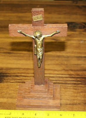 #ad Vintage 8 inch Wood Metal Standing Crucifix INRI Religous Christian $7.76