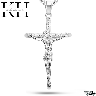 #ad Real Solid 925 Sterling Silver Mens Cross Jesus Piece Crucifix Pendant Necklace $15.35