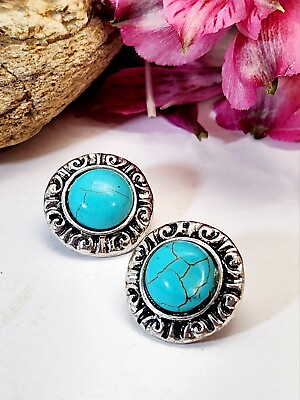 #ad Vintage Earrings 1970s Southwest Faux Turquoise Stud Silver Blue Howlite Clip On $18.88
