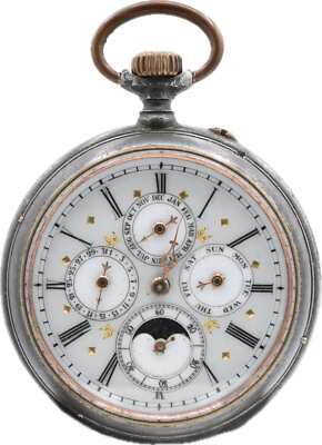 #ad Antique 15 Size Triple Date Moonphase Cylinder Escapement Pocket Watch Gunmetal $400.00