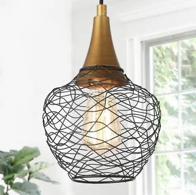 #ad Uolfin Modern Cage Pendant Hanging Light 1 Light Black And Brass Lantern $35.00