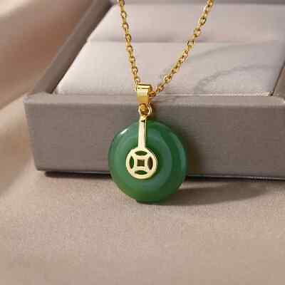 #ad Chinese Style Golden Inlaid Jade Necklace Retro Imitation Jade Stone $13.98