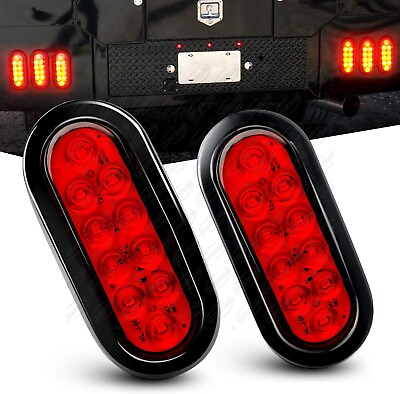 #ad 2 Red 6quot; Oval Trailer Lights 10 LED Stop Turn Tail Truck Sealed Grommet Plug DOT $14.79