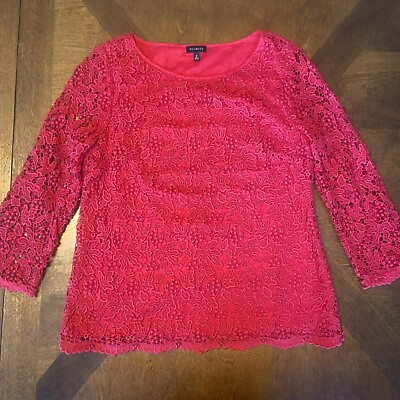 #ad Talbots Lace Blouse Women#x27;s 6 Red Lined With Unlined 3 4 Sleeves Valentine#x27;s Day $15.00