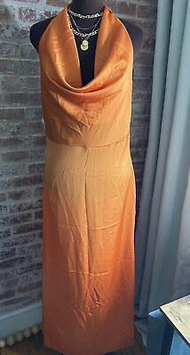 #ad New Boohoo Orange Satin Cowl Halter Neck Slip Maxi Dress Open Back US Size 12 $29.00
