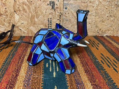 #ad Vintage Elephant Table Lamp Tiffany Style Stained Glass Blue Desk Night Light $24.99