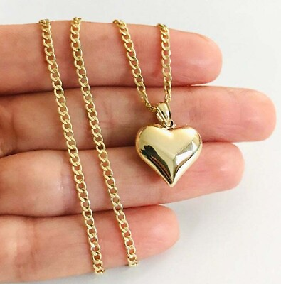 #ad 10K Gold Puffy Heart Charm Pendant 10k Real Gold Necklace 3 D Heart C2909 $71.49