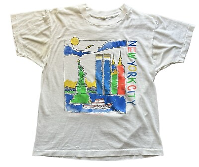 #ad Vintage 80’s NYC Art T Shirt New York Retro Single Stitch White Screen Stars L $25.00