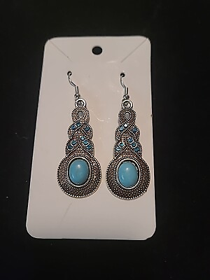 #ad Unbranded Retro Tibetan Silver Tone Oval Turquoise Crystal Drop Earrings $9.50