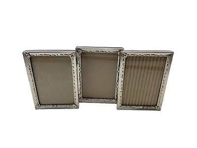 #ad Vintage Three Photo TRI Fold Silver Tone Metal Double Hinge 5quot;x7quot; Picture Frame $19.95