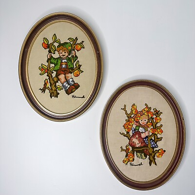 #ad Hummel Crewel Framed Pictures Set Of 2 Finished Yarn Art 70s Oval Embroidery $12.87