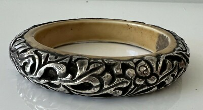 #ad Vintage TIBETAN Repousse Silver Statement Resin Slim Bangle Bracelet $75.00