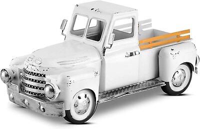 #ad Truck White Decor Vintage Metal Truck Rustic Decorative Storage Car $72.99