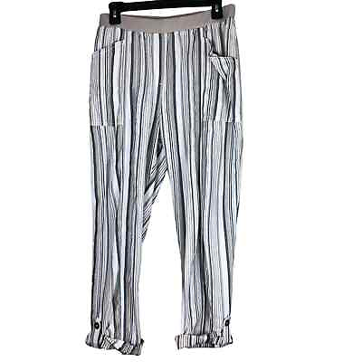 #ad Chicos 1 Pants Sz M Pull On Vertical Stripe Pocket Straight Cuffed Roll Tab Crop $16.00