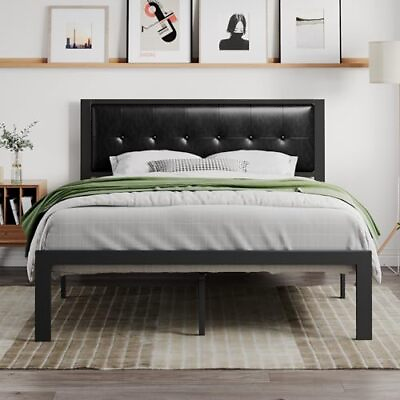 #ad Faux Leather Platform Bed Frame with Metal Slats Button Tufted Square Stitch... $165.62