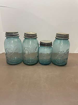 #ad Set Of 4 Blue Perfect Mason Jars #1 #2 With Lids $40.00