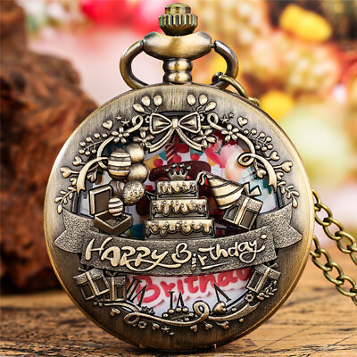 #ad Vintage Hollow Out Happy Birthday Cover Unisex Quartz Pocket Watch FOB Chain $4.87