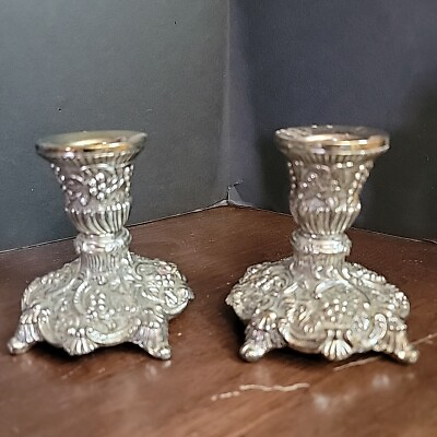 #ad Granny core Set 2 Vintage Ornate Silver Color Metal Candlestick Holders Regency $16.80