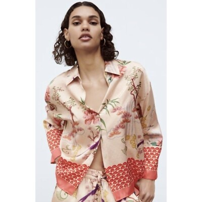#ad ZARA Top L Printed Pijama Style Button Up Shirt Floral Mount Fuji Birds 8255 062 $30.00