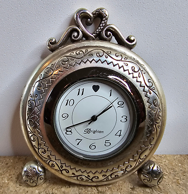 #ad Brighton Mini Travel Clock Pebble Memphis Etched Heart Desk Silver Plated $19.95