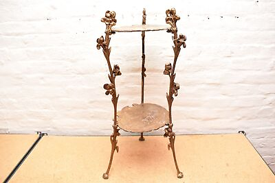 #ad VTG Cast Iron 2 Tier Shelf Side Table Plant Stand Garden Deck Victorian Gold $284.02