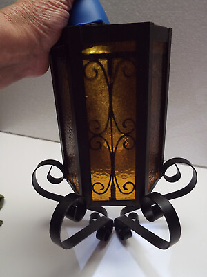 #ad Vtg Mission AMBER Gothic Black Wrought Iron Antique Wall SCONCE Light Fixture $57.73