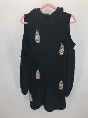 #ad Area Black Size Large Embellished Hooded Knee Length Long Sleeve Dress $245.59
