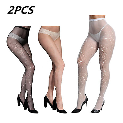 #ad 2 Pcs Women#x27;s Sparkle Rhinestone Fishnet Stockings Sexy Glitter Party Pantyhose $9.29