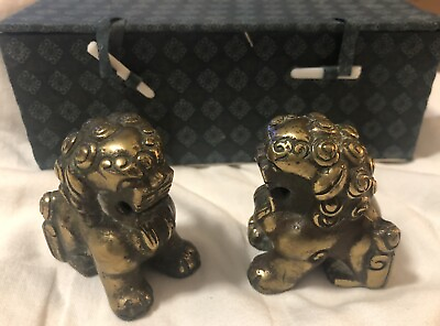 #ad Vintage Brass Chinese Foo Fu Dog Set of 2 Figurines in Box Great Patina Decor $54.48