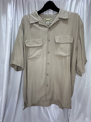 #ad Vintage 100% Silk Men’s Size XL Causal Summer Neutral Beige Tan Hawaiian Shirt $35.00