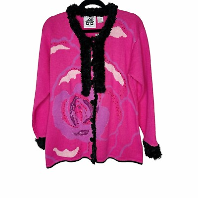 #ad Storybook Knits Vintage Abstract Rose Floral Cardigan Sweater Pink Large $50.00