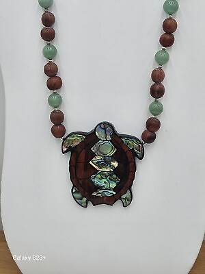 #ad VTG.STERLING SILVER JADEROSEWOODABALONE amp; MOP SHELL INLAY TURTLE 23quot;NECKLACE $49.00