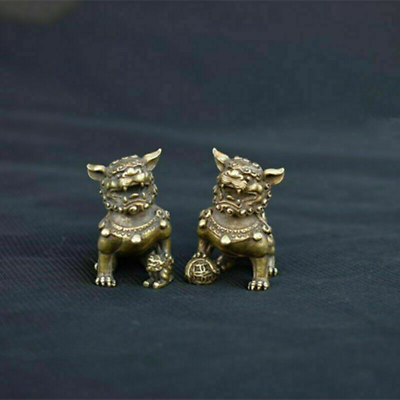 #ad 2PC Chinese Ancient Bronze Brass Fengshui Foo Fu Dog Lion Beast Bixie Statue $13.58