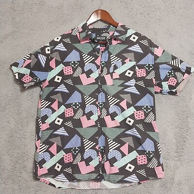 #ad Massive Retro Geometric 80s Abstract Short Sleeve Button Down Shirt Size Large $16.47