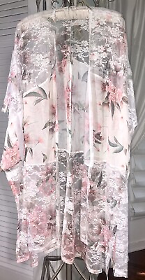 #ad NEW Plus 2X White Open Cardigan Jacket Kimono Pink Floral Lace Topper $28.95