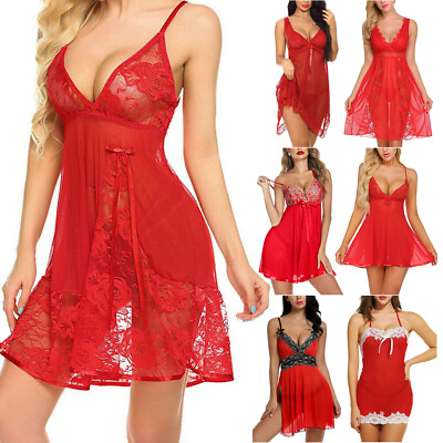#ad Womens Sexy Lingerie Sleepwear G String Red Dress Set Babydoll Nightwear Chemise $10.89