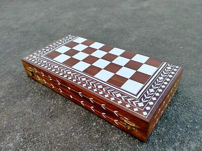 #ad Indian Wooden Inlay Work Folding Chess Board 12quot;x12quot; Inch With Chess Pieces Set $73.92
