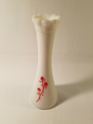 #ad VTG Milk Glass Bud Vase White w Red Flowers $11.77