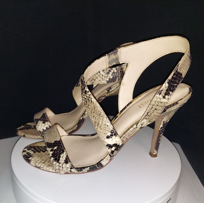 #ad Nine West Tan Black Snakeskin Sandals Stiletto Heels Wide Strap Shoes Size 8M $18.99