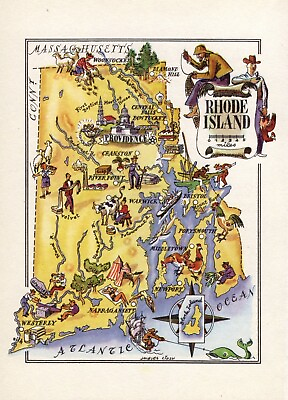 #ad 1940s Antique RHODE ISLAND State Map Vintage Picture Map of Rhode Island 1524 $15.25