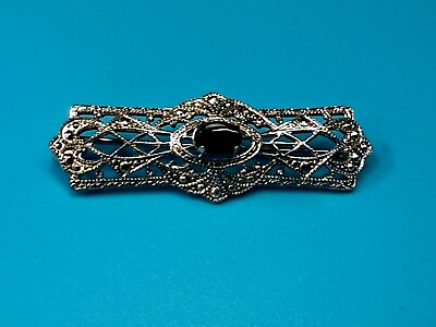 #ad Vintage Filigree With Black Center Stone Vintage 925 Sterling Silver Brooch Pin $13.50