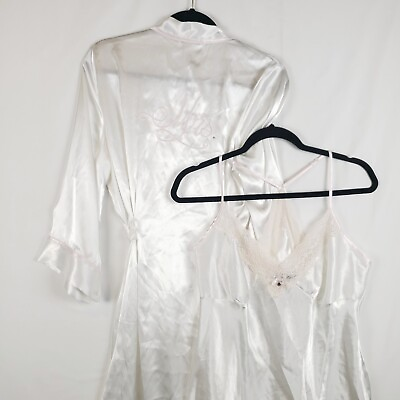 #ad Linea Donatella Liquid Satin Mrs Bridal Set Robe amp; Nightgown Medium Embroidered $48.99